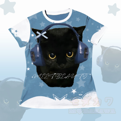 Schwarze Katzenkopfhörer, Grafik-T-Shirt, Shorts, Modakawa-Partnerlook - T-Shirt B - 5XL - image 4