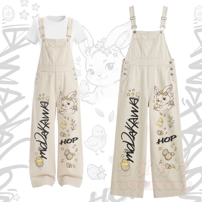 HOP Bunny Grafik-T-Shirt mit U-Ausschnitt und Cargo-Latzhose, zweiteiliges Set - Satz B - XL - image 2