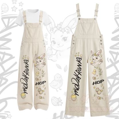 HOP Bunny Grafik-T-Shirt mit U-Ausschnitt und Cargo-Latzhose, zweiteiliges Set - Satz B - XL - image 2