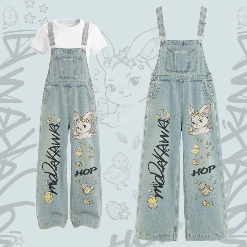 HOP Bunny Grafik-T-Shirt mit U-Ausschnitt, Cargo-Latzhose Modakawa Zweiteiler-Set - Set A - XL - image 1