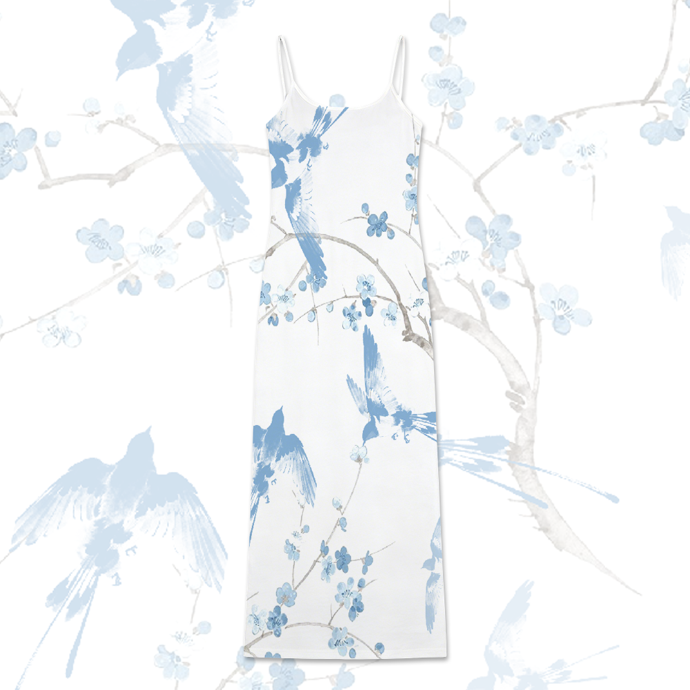 Modakawa-Unterkleid mit Vogel- und Blumenmuster und Farbverlauf - Blue & White - 5XL - image 1