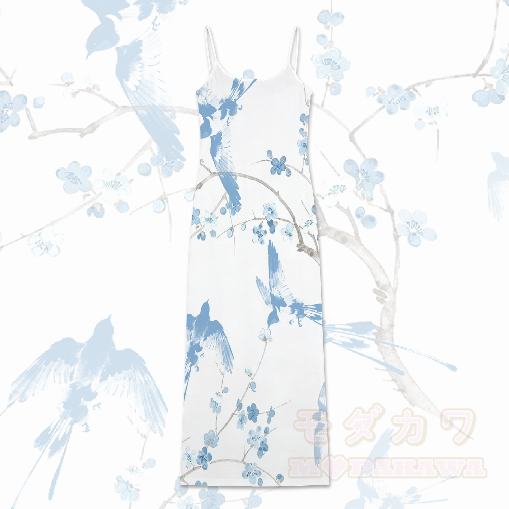 Modakawa Slipkleid mit blauem Vogel-Blumenmuster und Farbverlauf - Blau & Weiß - 5XL - image 1