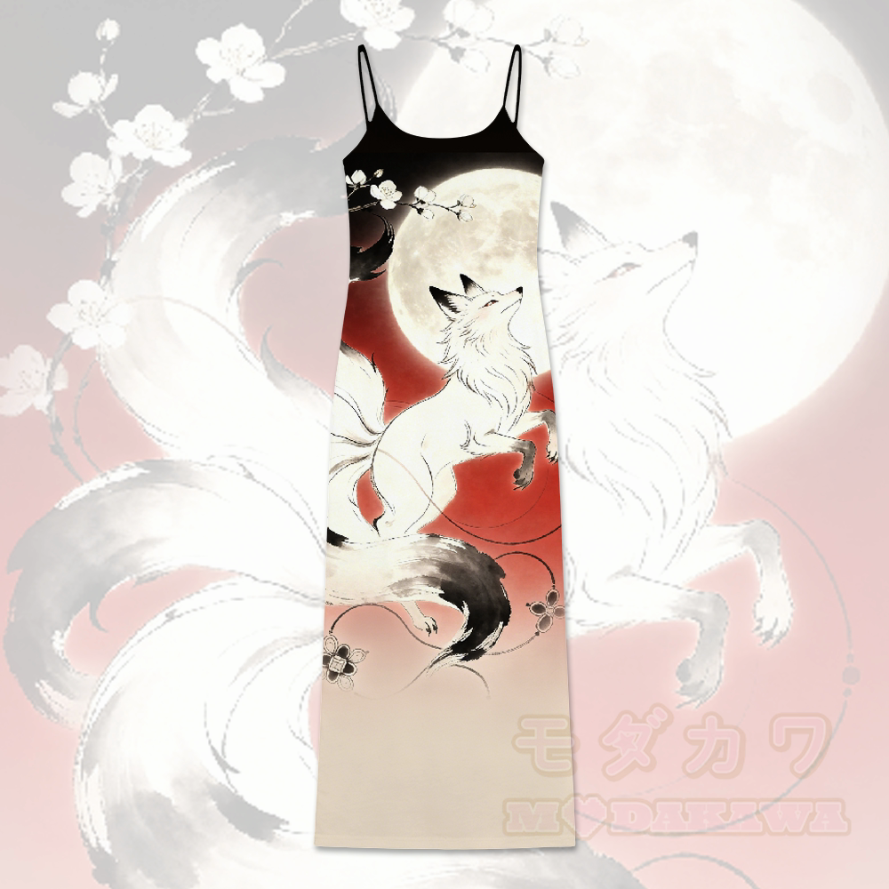 Modakawa-Slipkleid mit Mondgrafik und neunschwänzigem Fuchsmotiv und Farbverlauf - Rot - 5XL - image 2