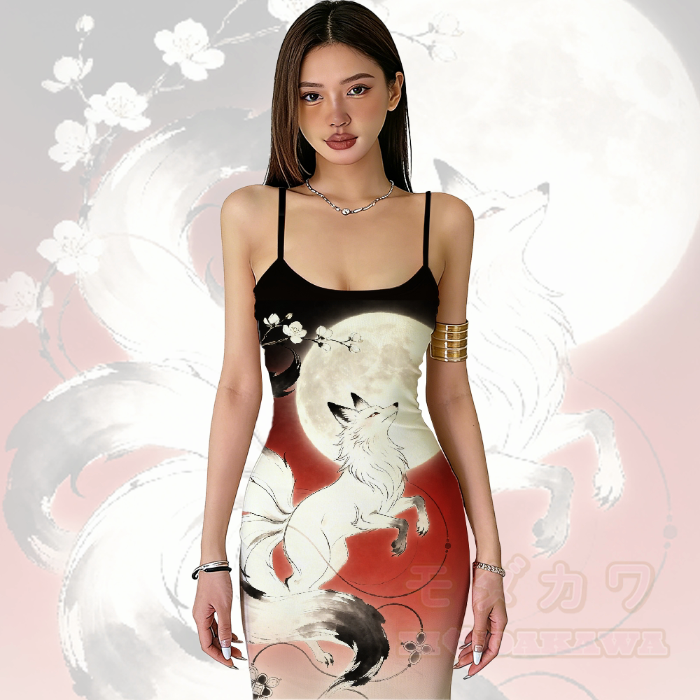 Modakawa-Slipkleid mit Mondgrafik und neunschwänzigem Fuchsmotiv und Farbverlauf - image 1
