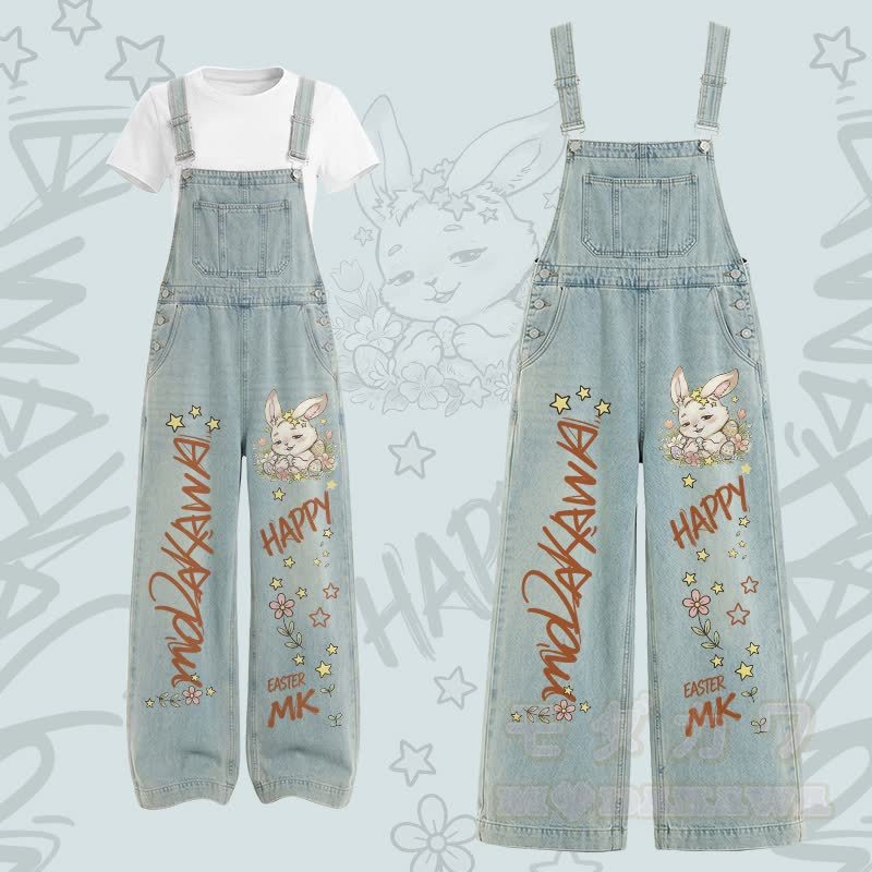 HAPPY Bunny Grafik-T-Shirt mit U-Ausschnitt und Cargo-Latzhose, zweiteiliges Set - Satz B - XL - image 2