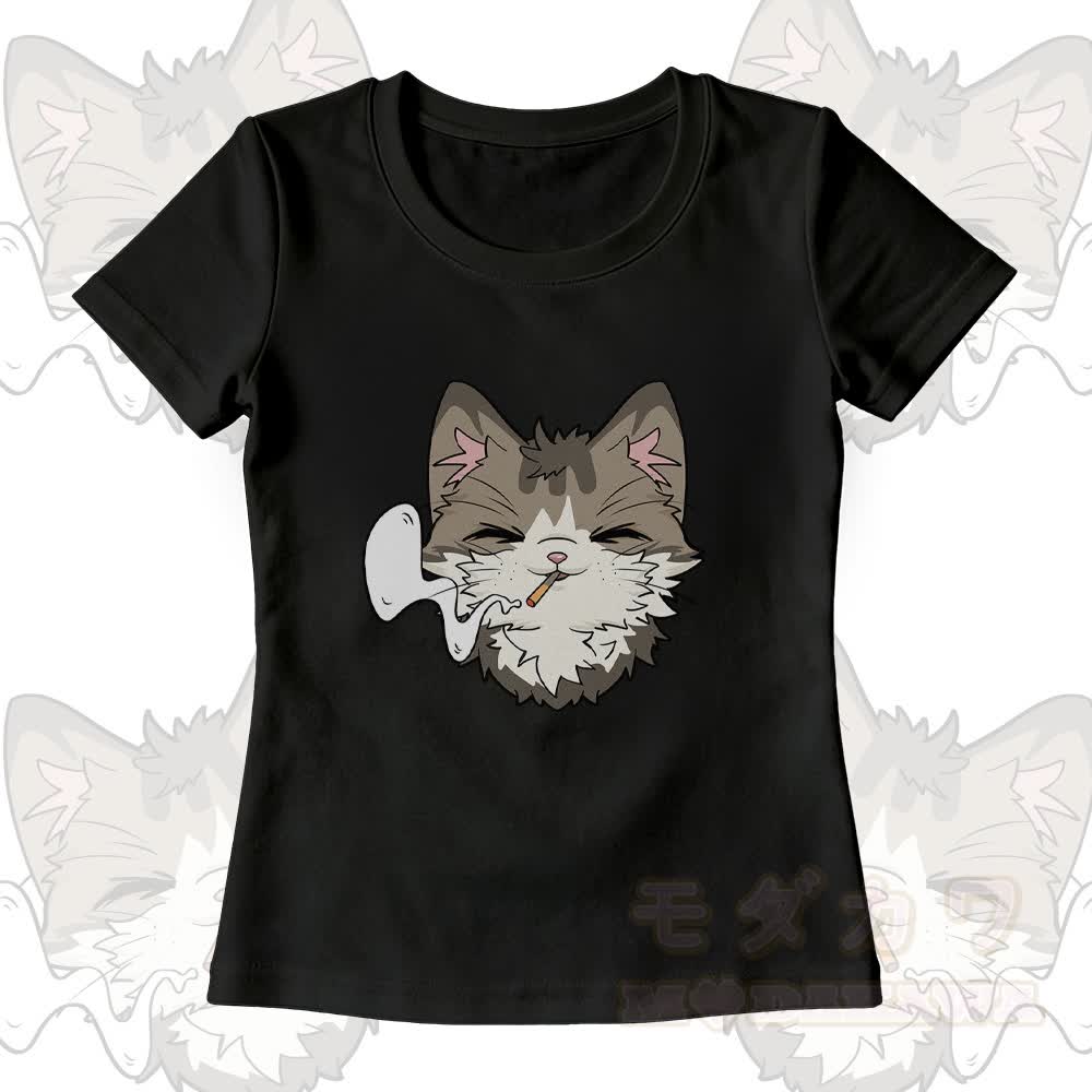 Smoking Cat Grafik-T-Shirt mit U-Ausschnitt und dazu passende Hose mit weitem Bein - Schwarzes T-Shirt - XL - image 4