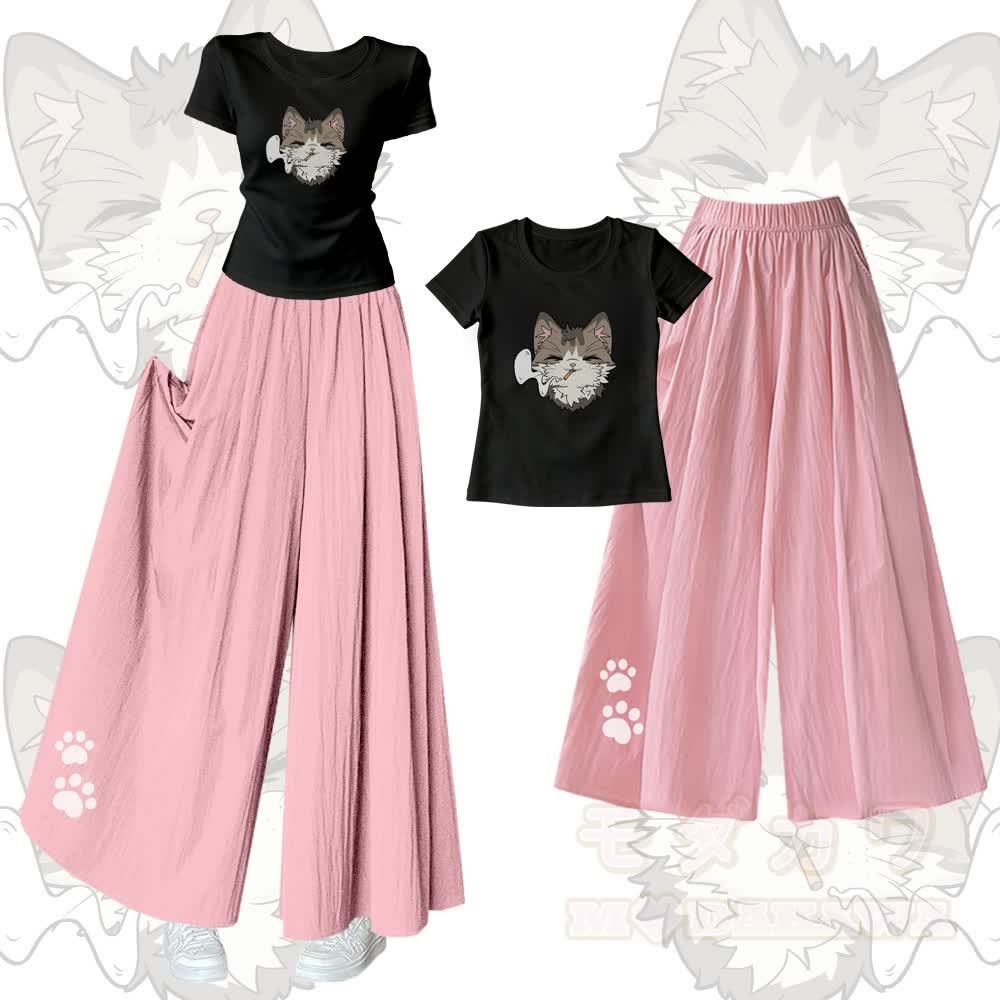 Smoking Cat Grafik-T-Shirt mit U-Ausschnitt und dazu passende Hose mit weitem Bein - Satz B - XL - image 2