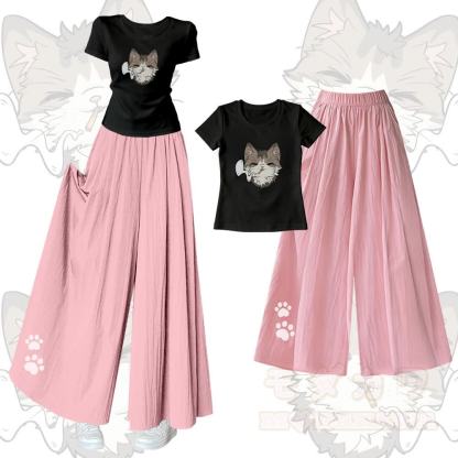 Smoking Cat Grafik-T-Shirt mit U-Ausschnitt und dazu passende Hose mit weitem Bein - Satz B - XL - image 2