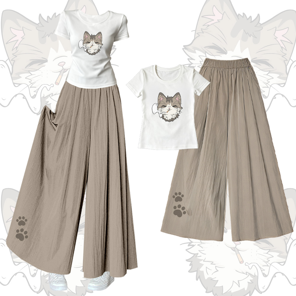 Smoking Cat Grafik-T-Shirt mit U-Ausschnitt, weite Hose, Modakawa passendes Outfit - Set A - XL - image 1