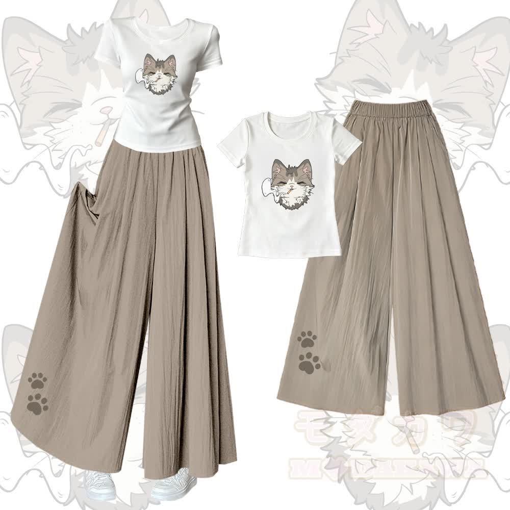 Smoking Cat Grafik-T-Shirt mit U-Ausschnitt und dazu passende Hose mit weitem Bein - Satz A - XL - image 1