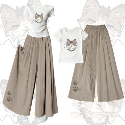 Smoking Cat Grafik-T-Shirt mit U-Ausschnitt und dazu passende Hose mit weitem Bein - Satz A - XL - image 1