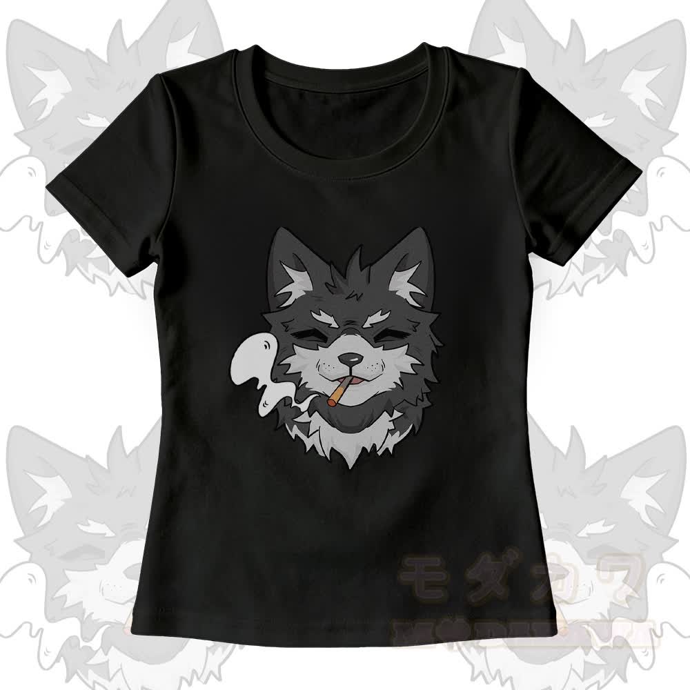 Smoking Wolf Grafik-T-Shirt mit U-Ausschnitt und passender Hose mit weitem Bein - Schwarzes T-Shirt - XL - image 3