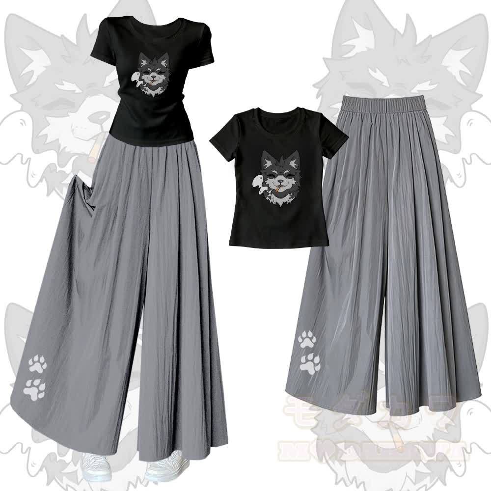 Smoking Wolf Grafik-T-Shirt mit U-Ausschnitt und passender Hose mit weitem Bein - Satz A - XL - image 1