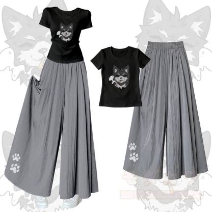 Smoking Wolf Grafik-T-Shirt mit U-Ausschnitt und passender Hose mit weitem Bein - Satz A - XL - image 1