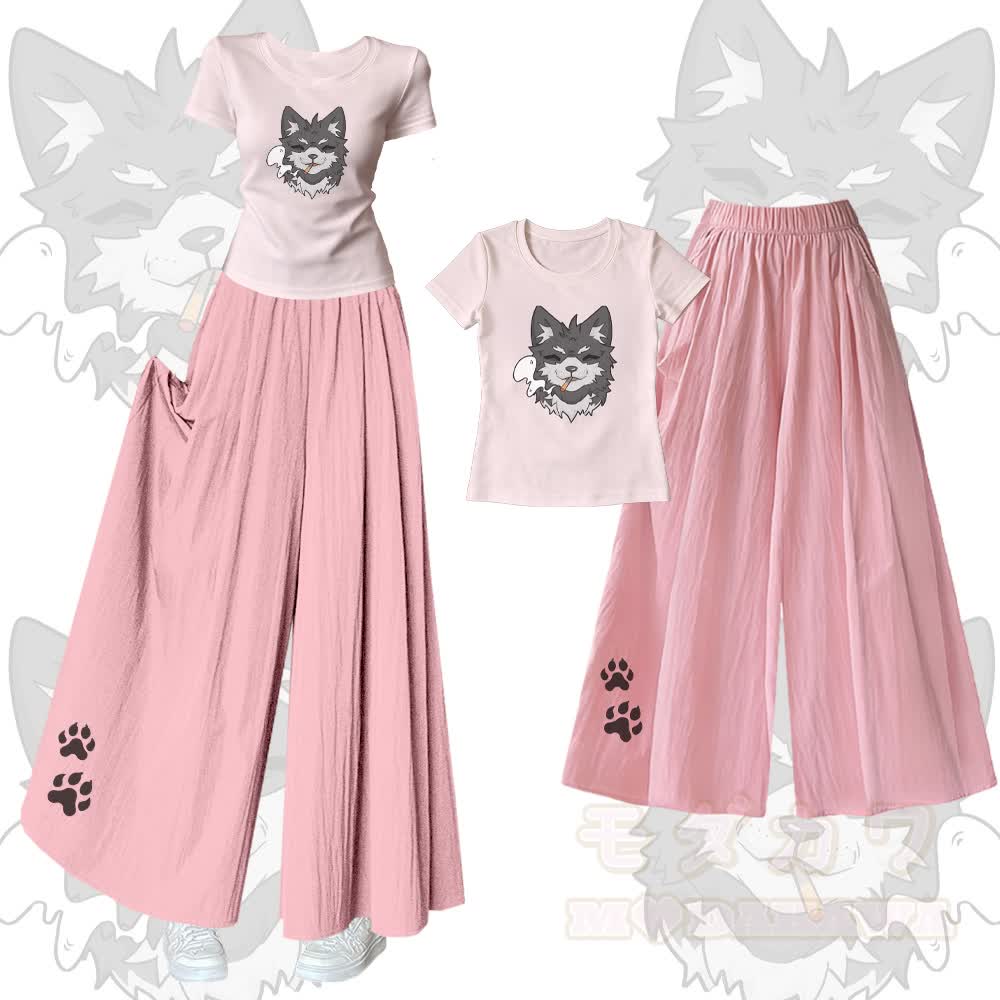 Smoking Wolf Grafik-T-Shirt mit U-Ausschnitt und passender Hose mit weitem Bein - Satz B - XL - image 2