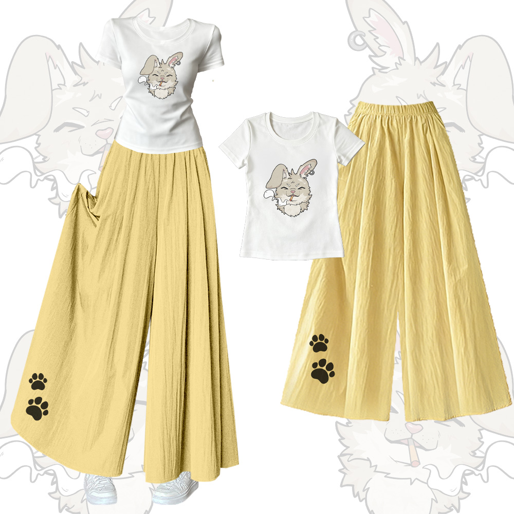 Nabi Smoking Puppy Grafik-T-Shirt mit U-Ausschnitt und weiten Hosen, Modakawa passendes Outfit - Set A - XL - image 1