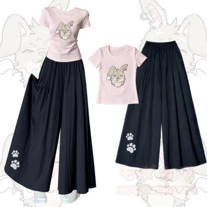 Smoking Bunny Grafik-T-Shirt mit U-Ausschnitt und dazu passende Hose mit weitem Bein - Satz B - XL - image 2