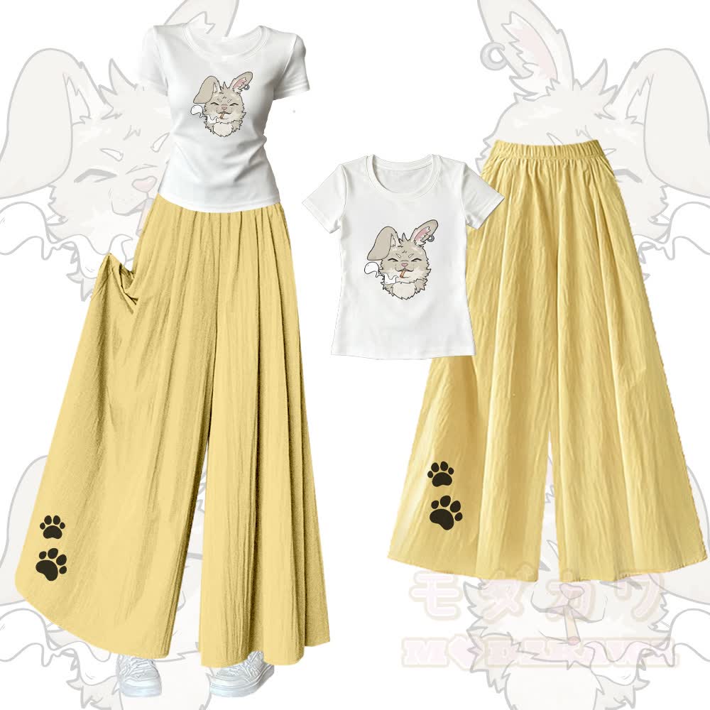 Smoking Bunny Grafik-T-Shirt mit U-Ausschnitt und dazu passende Hose mit weitem Bein - Satz A - XL - image 1