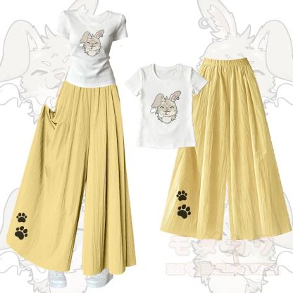 Smoking Bunny Grafik-T-Shirt mit U-Ausschnitt und dazu passende Hose mit weitem Bein - Satz A - XL - image 1