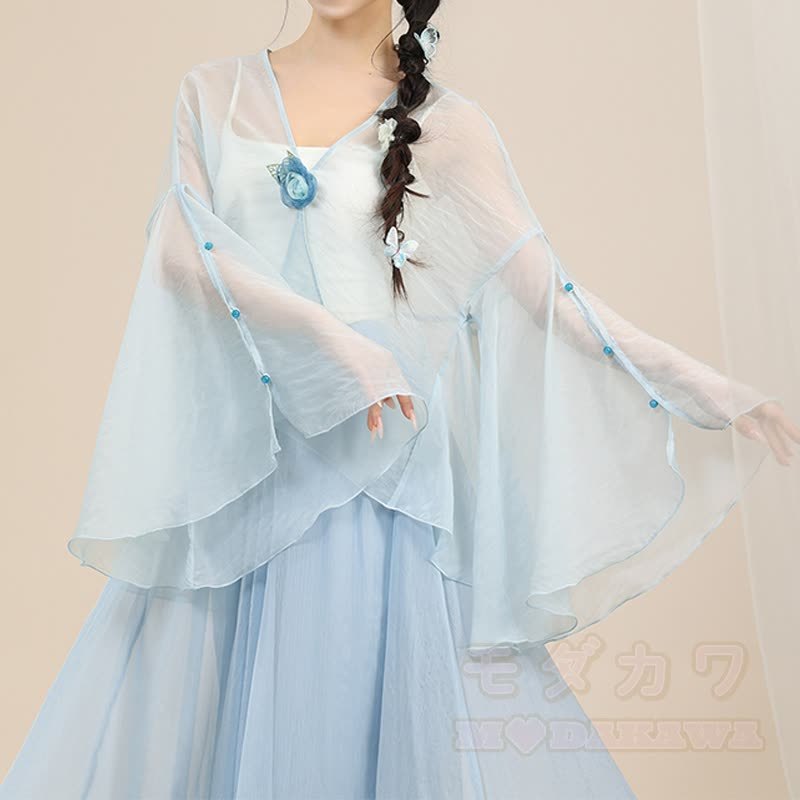 Geblümtes, transparentes Oberteil, fließender Maxirock, passendes Outfit - Blaues Oberteil - One Size - image 2