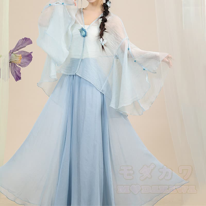 Geblümtes, transparentes Oberteil, fließender Maxirock, passendes Outfit - image 1