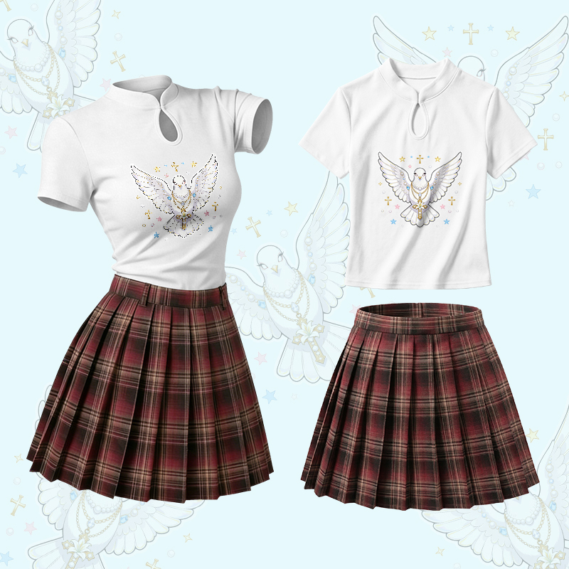 Zweiteiliges Set von Modakawa: T-Shirt mit Vintage-Schnalle, karierter Rock und Grafik mit heiligem Taubenkreuz. - Set A - L - image 1