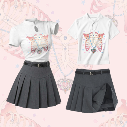 Brustbein-Halskette, grafisches Vintage-Schnalle-T-Shirt, karierter Rock, Modakawa Zweiteiler-Set - Set A - L - image 1