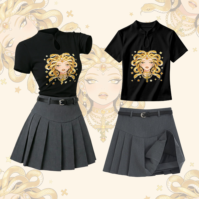 Medusa Schlangengöttin Grafik Vintage Schnalle T-Shirt Karorock Modakawa Zweiteiliges Set - Set A - L - image 1