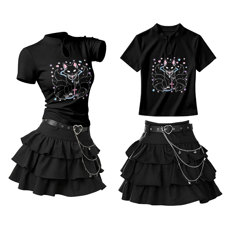 Zweiteiliges Set von Modakawa: T-Shirt mit Vintage-Schnalle und Grafik eines neunschwänzigen Fuchses, Rüschen-Minirock - Set A - L - image 1