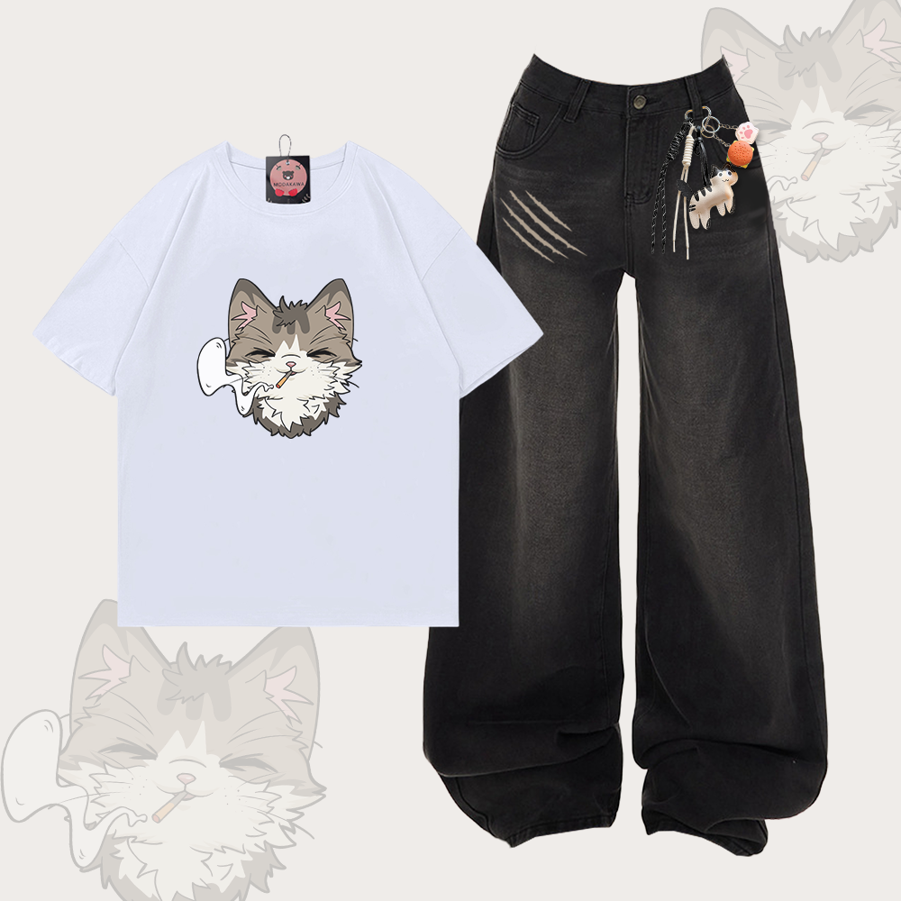 T-Shirt mit Raucherkatzen-Motiv aus 100 % Baumwolle, dazu passende Jeans von Modakawa - Set A - XL - image 1