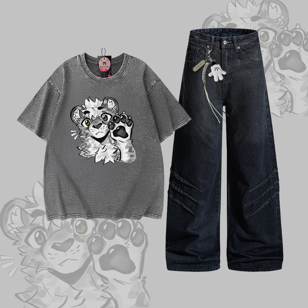 MODAKAWA X atka Tiger Graphic Vintage Washed 100% Cotton T-Shirt Denim Pants Two Pieces Set - Set A - 2XL - image 1