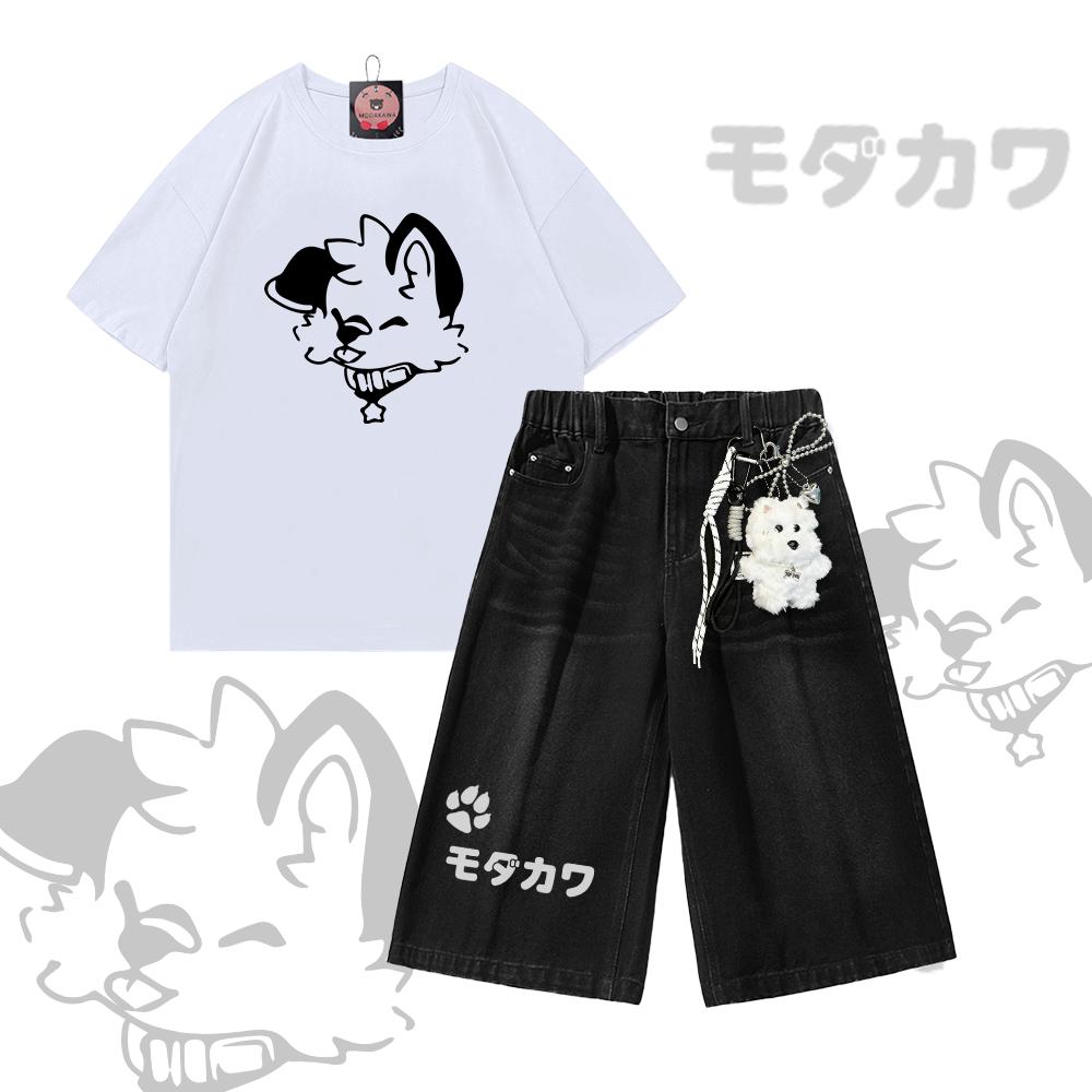 MODAKAWA X popipeko Puppy Graphic Modakawa Vintage Washed T-Shirt Denim Shorts Zweiteiliges Set - Set B - 3XL - image 2