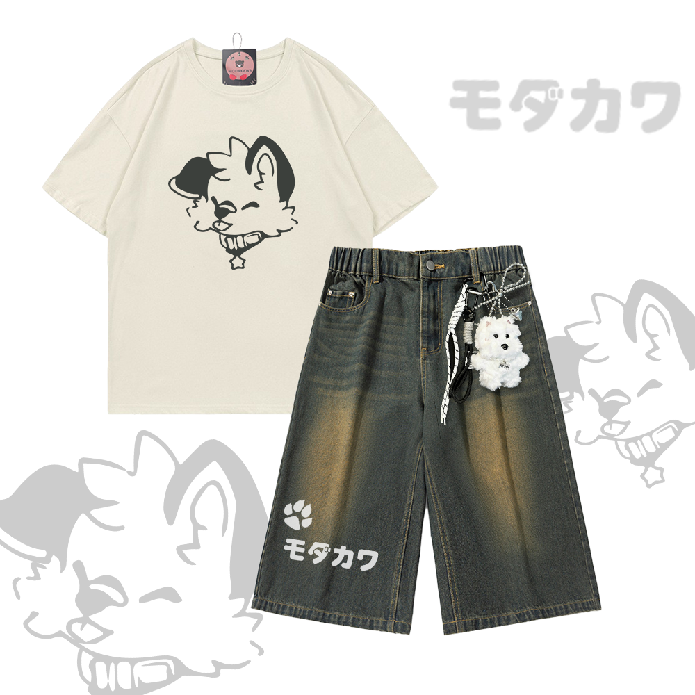 MODAKAWA X popipeko Puppy Graphic Modakawa Vintage Washed T-Shirt Denim Shorts Zweiteiliges Set - Set A - 3XL - image 1