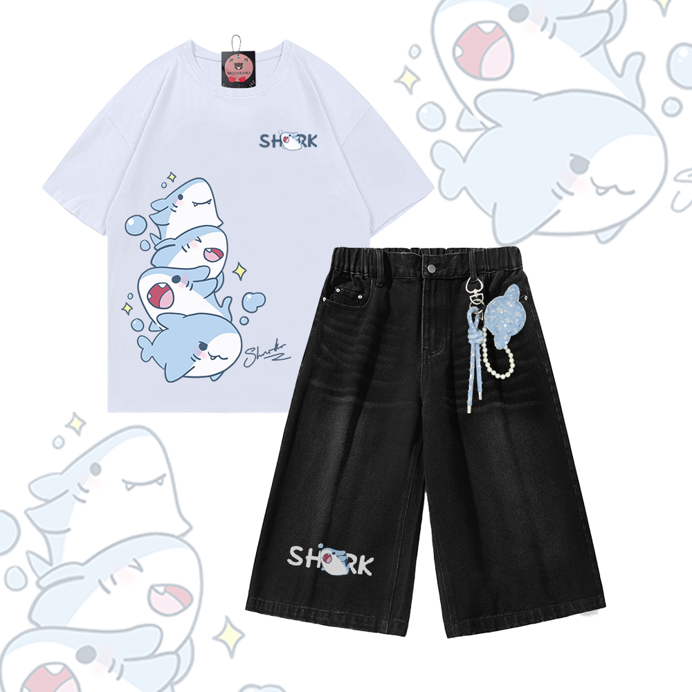 Modakawa Vintage Washed T-Shirt und Denim-Shorts Zweiteiliges Set mit Hai-Motiv - Set A - 3XL - image 1