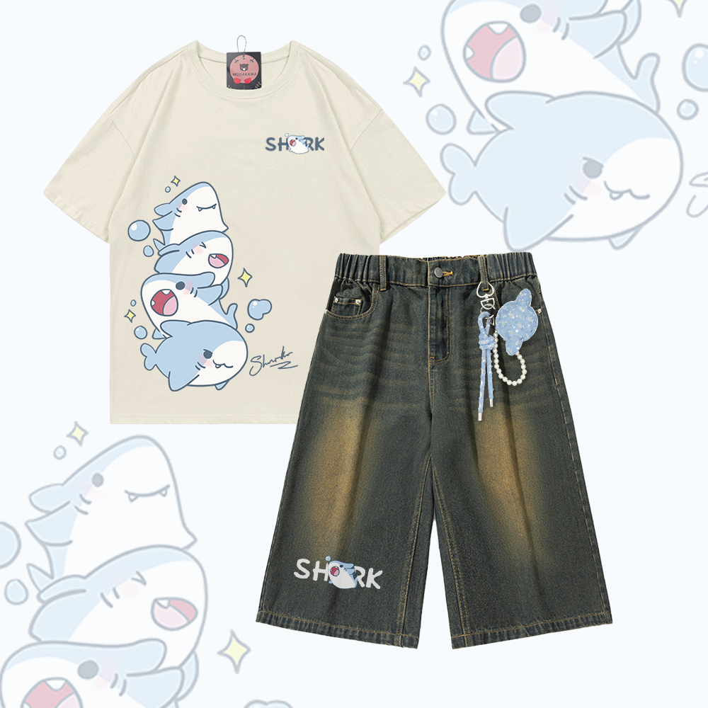 Modakawa Vintage Washed T-Shirt und Denim-Shorts Zweiteiliges Set mit Hai-Motiv - Set C - 3XL - image 3