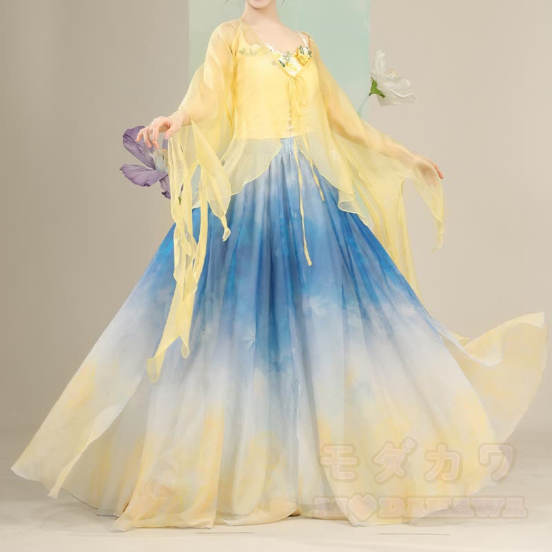 Transparentes, geschnürtes Strandkleid mit Blumenstickerei, passendes Camisole-Top und Rock mit Farbverlauf - image 5