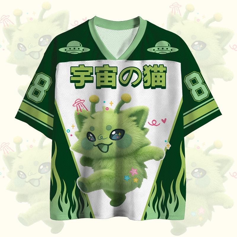 Modakawa Vintage Mesh Jersey T-Shirt mit Alien-Katzennummer-Grafik - image 1