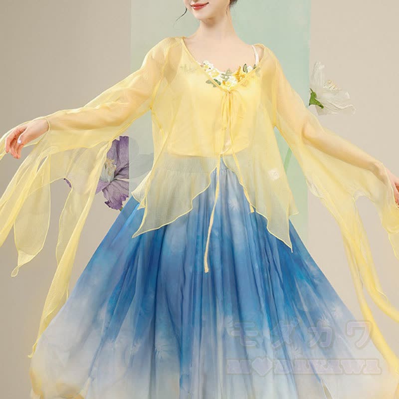 Transparentes, geschnürtes Strandkleid mit Blumenstickerei, passendes Camisole-Top und Rock mit Farbverlauf - Zudecken - One Size - image 2