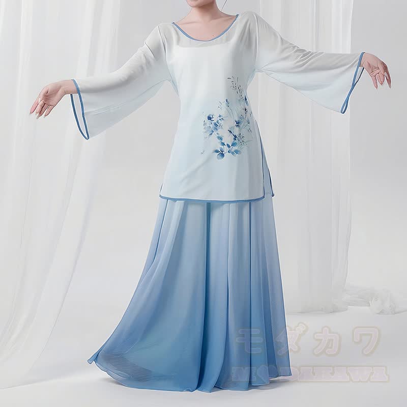 Zweiteiliges Set aus Oberteil mit Vintage-Blumenmuster, Hose und Rock mit Farbverlauf - image 3