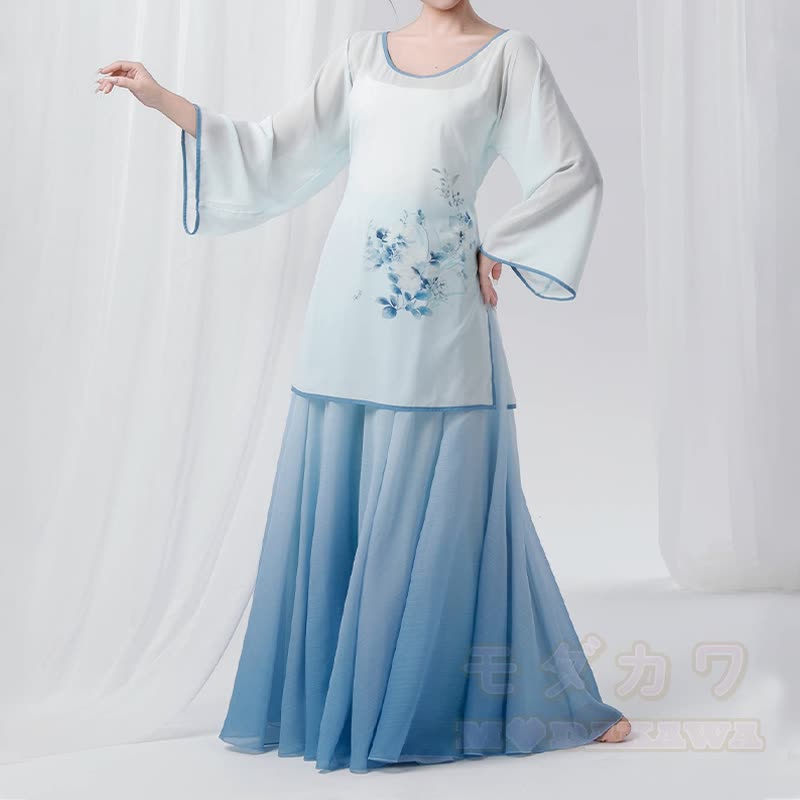 Zweiteiliges Set aus Oberteil mit Vintage-Blumenmuster, Hose und Rock mit Farbverlauf - Blau - L - image 2