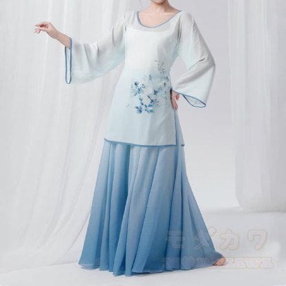 Zweiteiliges Set aus Oberteil mit Vintage-Blumenmuster, Hose und Rock mit Farbverlauf - Blau - L - image 2
