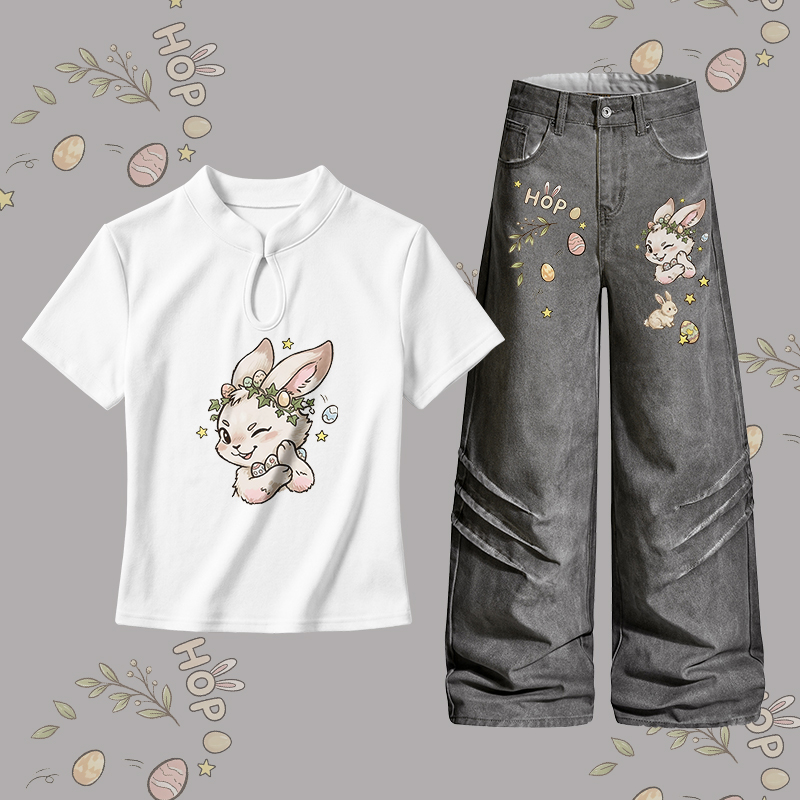 Modakawa Zweiteiler-Set mit Osterhasen-Motiv und Schnalle, Jeans - Set A - L - image 1