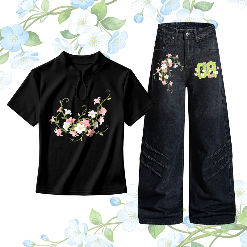 Zweiteiliges Set von Modakawa: T-Shirt mit Blumenmuster, Zahlengrafik, Schnalle, Jeans - Set A - L - image 1