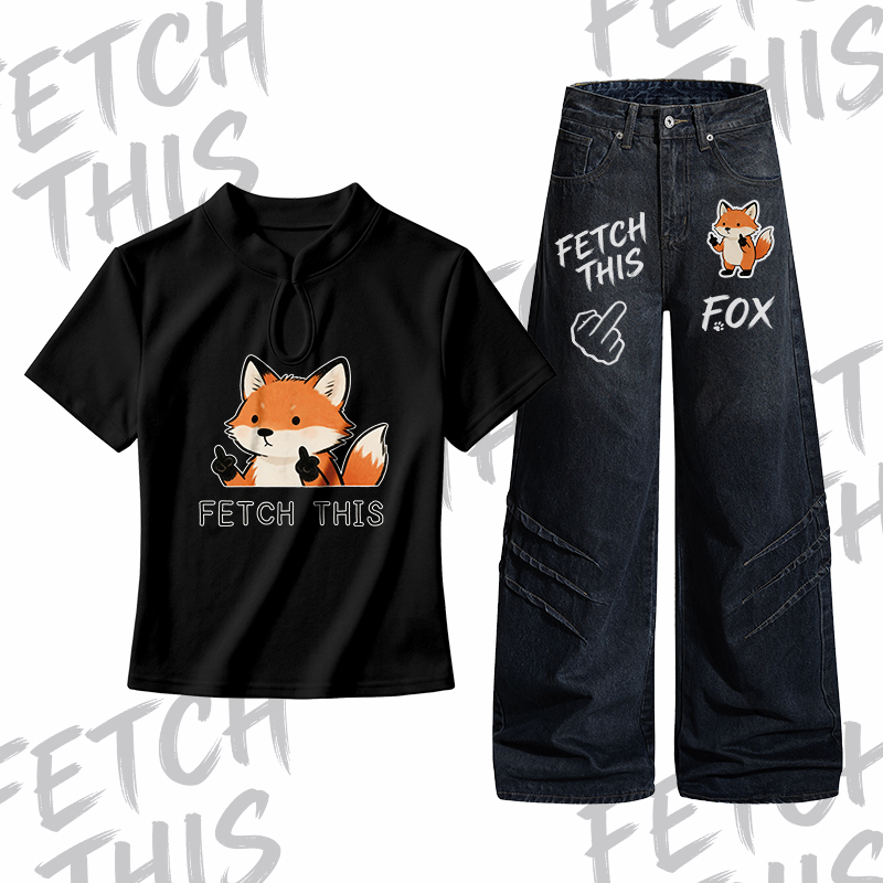 ETCH THIS Fox Graphic Buckle T-Shirt, Jeans, Modakawa Zweiteiler-Set - Set A - L - image 1
