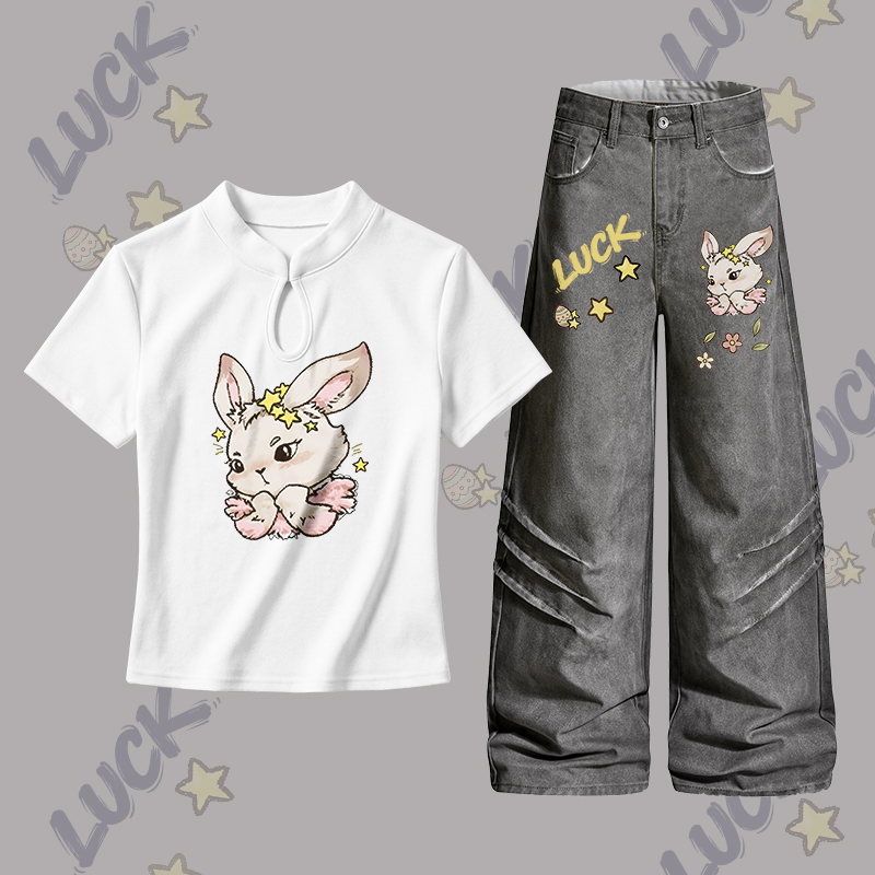 Modakawa Zweiteiler-Set mit Osterhasen-Motiv, Schnalle, Jeans - Set A - L - image 1