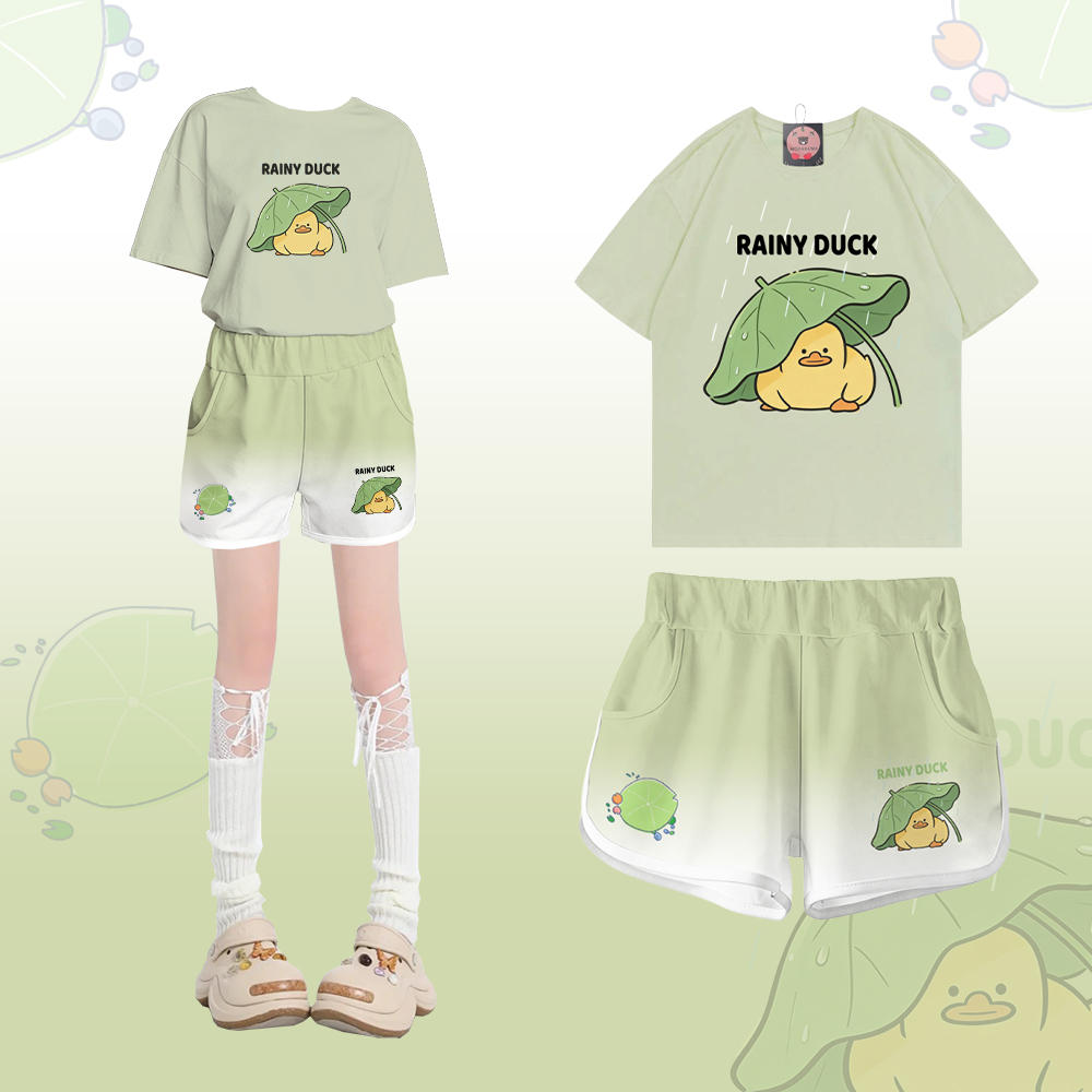 RAINY DUCK Grafik-T-Shirt aus 100 % Baumwolle, dazu passende Shorts von Modakawa - Set A - 5XL - image 1