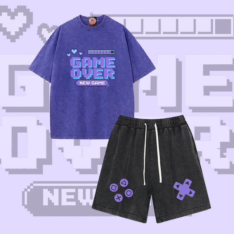 GAME OVER Grafik Modakawa Vintage Washed T-Shirt Shorts Zweiteiliges Set - Set A - 3XL - image 1