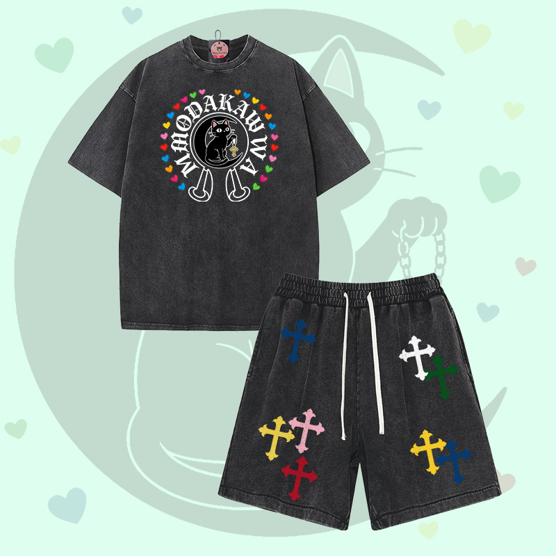 Modakawa Vintage Washed T-Shirt und Shorts, zweiteiliges Set mit schwarzer Katzengrafik - Set A - 3XL - image 1