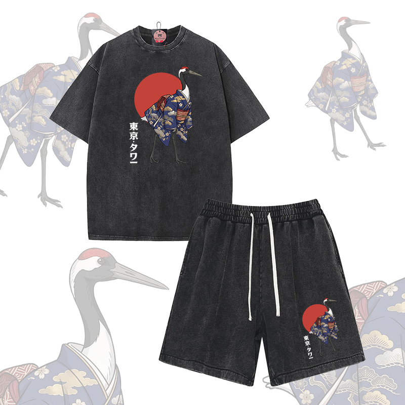 Modakawa Vintage Washed T-Shirt Shorts Zweiteiliges Set mit Rotkronenkranich-Motiv - Set B - 3XL - image 2