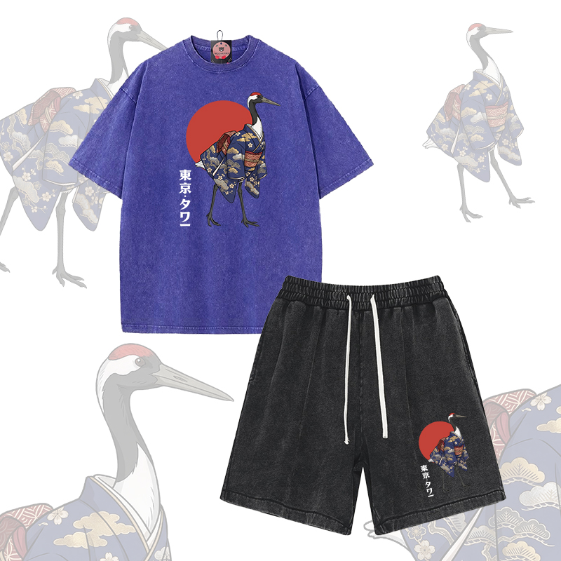 Modakawa Vintage Washed T-Shirt Shorts Zweiteiliges Set mit Rotkronenkranich-Motiv - Set A - 3XL - image 1